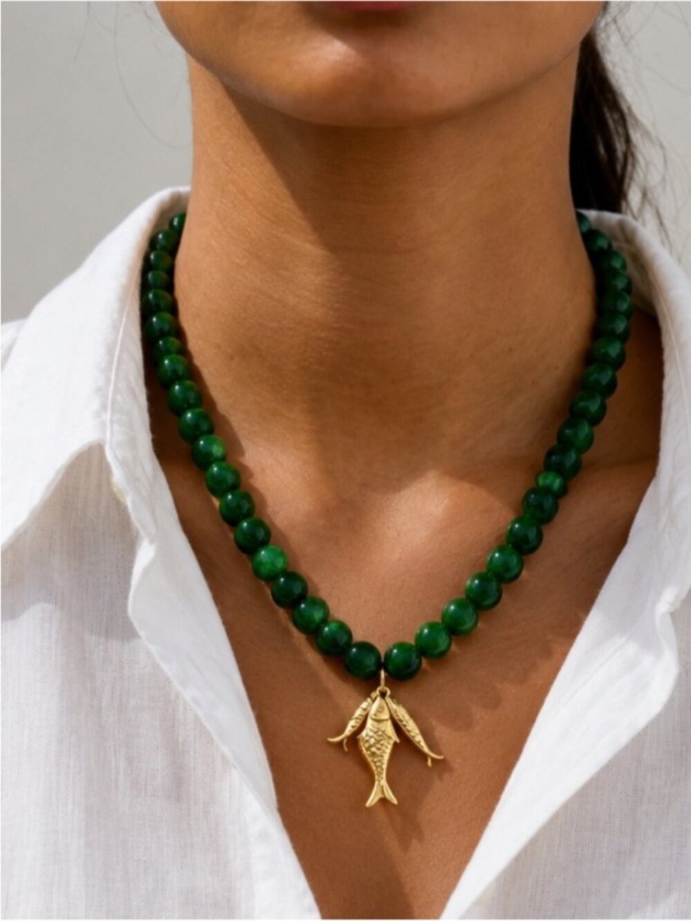New! Coastal Colorful Green Beaded Gold Fish Sardine Dopamine Necklace NWOT 5035